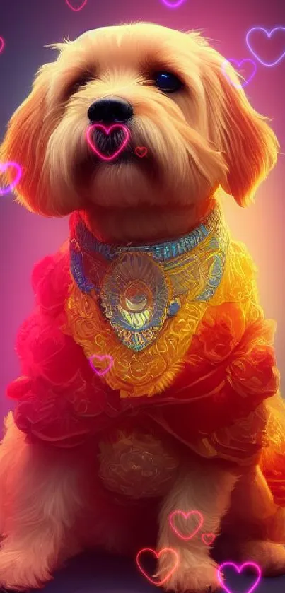 Regal dog in colorful, traditional attire on vibrant background.