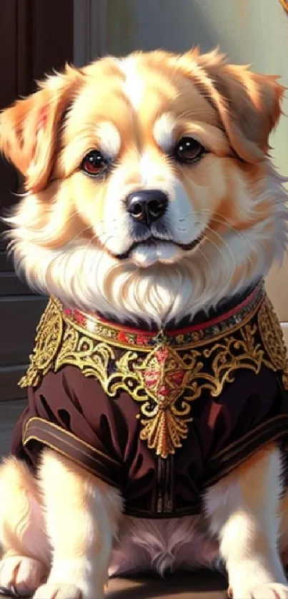 A regal dog in ornate clothing seated elegantly for a portrait.