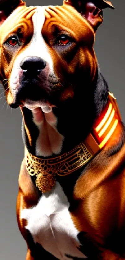 Regal dog with gold collar on a gray background.