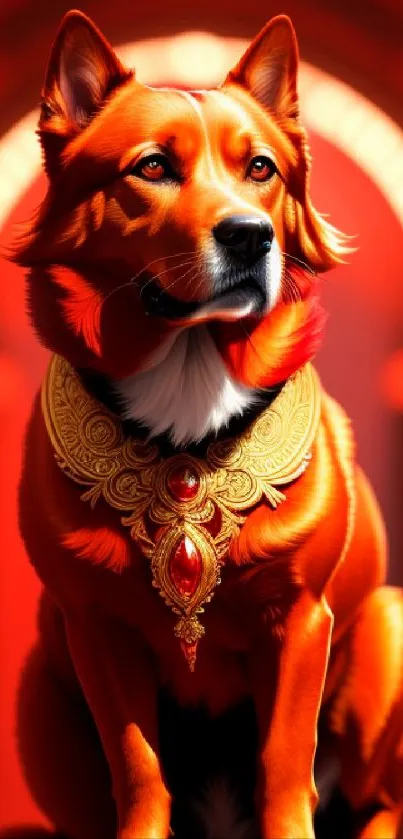 Regal dog with a golden collar against a red background.