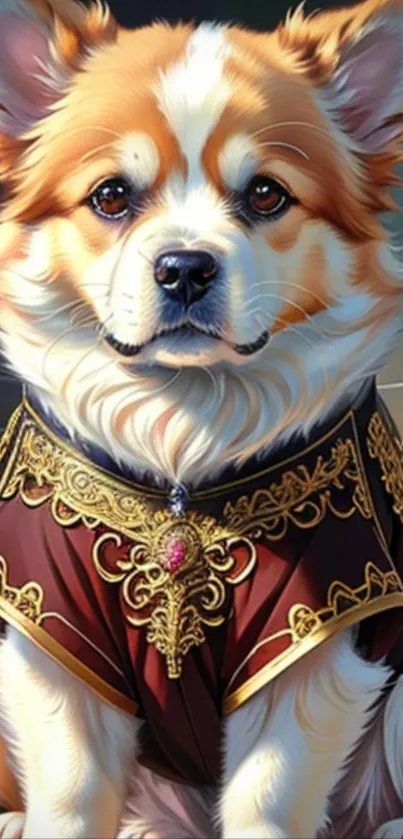 Regal dog in ornate royal attire as mobile wallpaper.