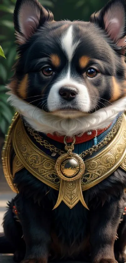 Regal dog in ornate armor sitting gracefully on a pathway.