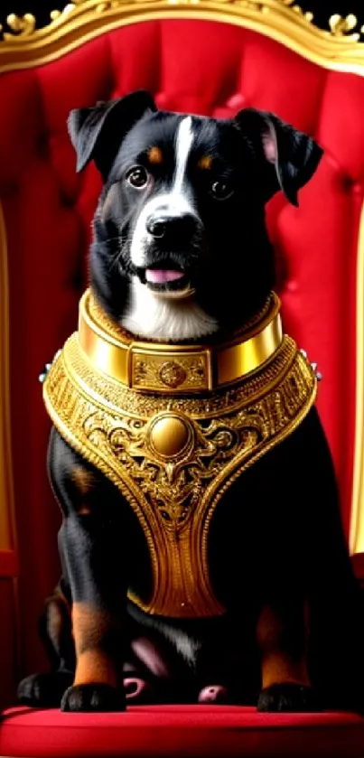 Regal black dog with gold accents on red throne.