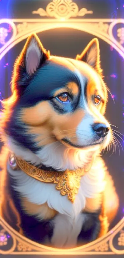 Golden-framed regal dog portrait wallpaper with intricate design.