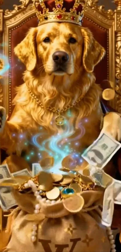 Golden retriever wearing a crown on a luxurious throne surrounded by wealth.