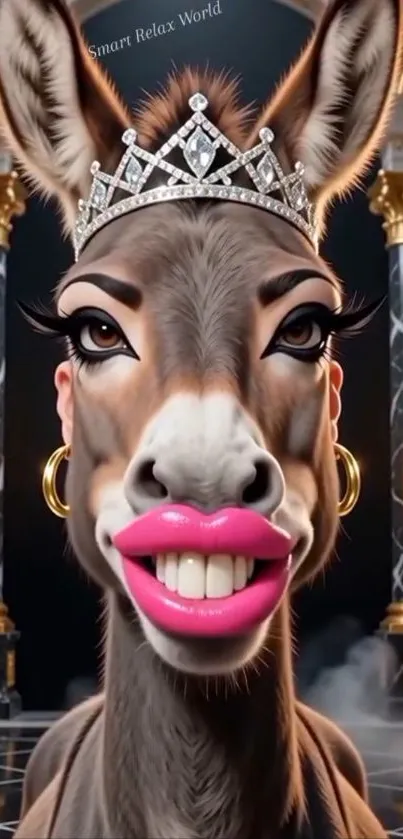Cartoon donkey with tiara and makeup in a royal setting.