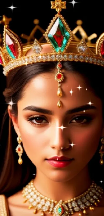 Portrait of a woman wearing a regal, jewel-encrusted crown on a black background.