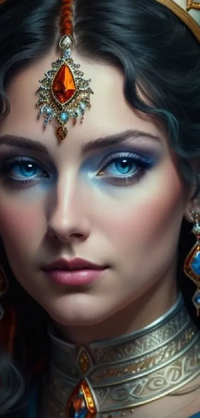 Regal portrait with blue eyes and ornate jewelry on mobile wallpaper.