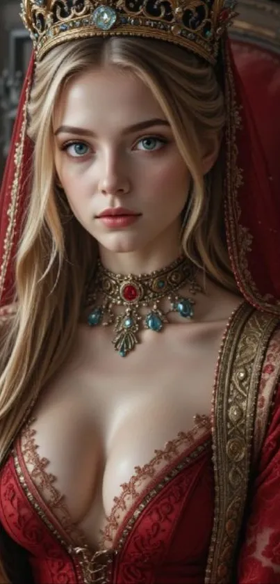 Regal woman in luxurious red attire with ornate jewelry.