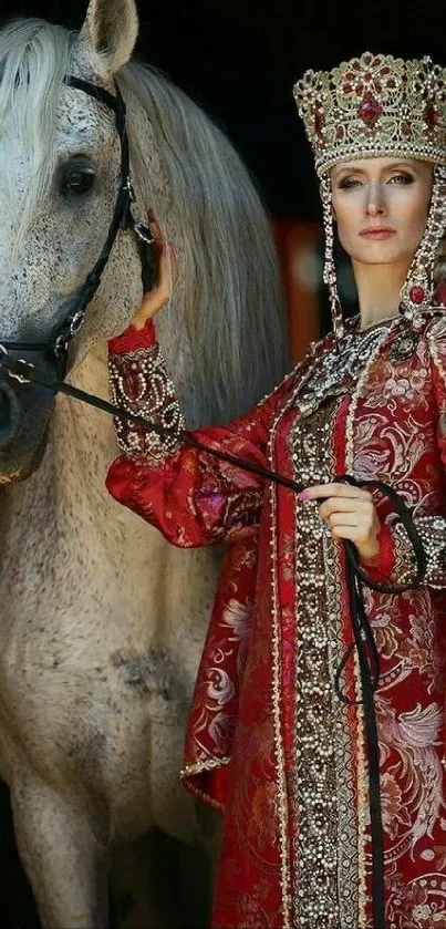 Woman in ornate dress beside white horse.