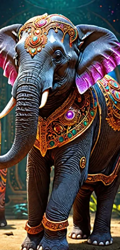 An ornate elephant adorned with vibrant jewelry in an artistic mobile wallpaper.