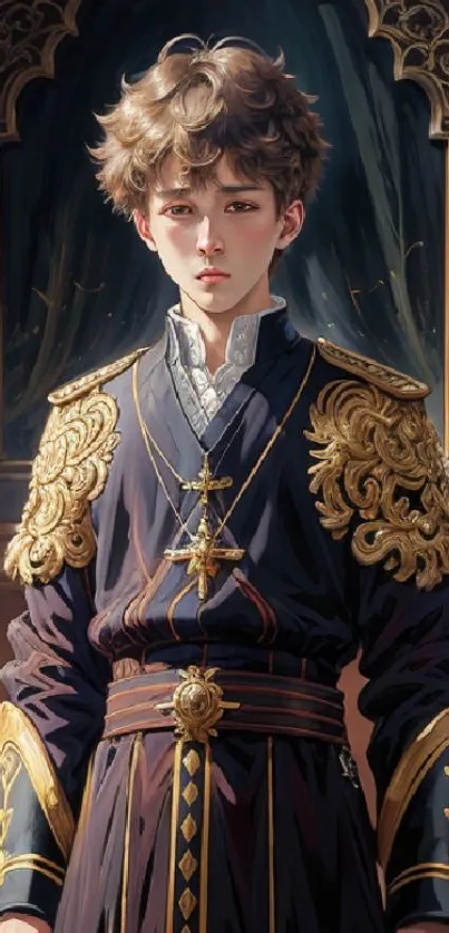 Fantasy character in blue and gold regal attire with ornate design details.