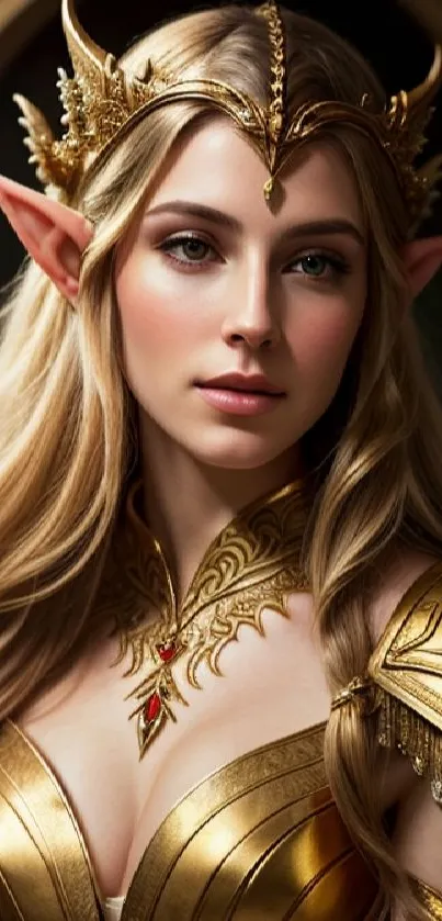 A regal fantasy elf with golden armor and intricate crown.