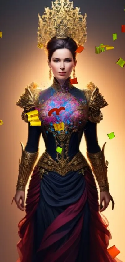 Intricate regal fantasy portrait with golden armor and tiara, glowing in warm tones.