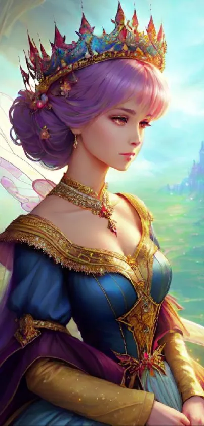 A regal fantasy princess with a jeweled crown and vibrant colors in a majestic landscape.