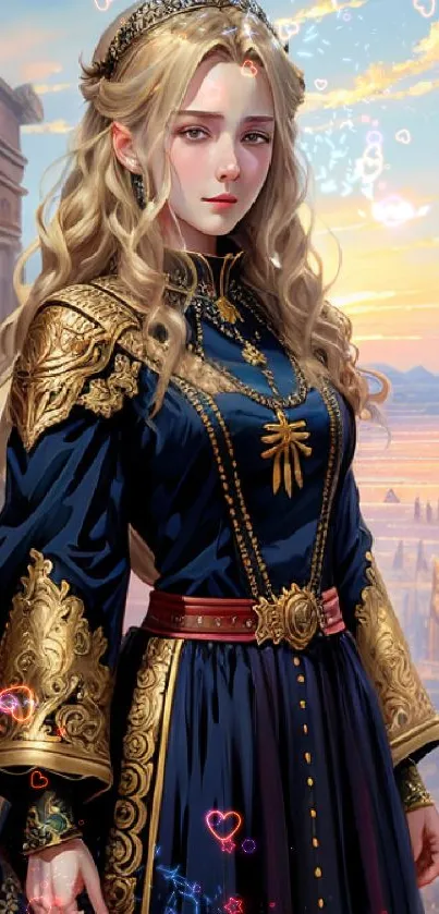 Fantasy princess in gold and blue gown with a castle backdrop.