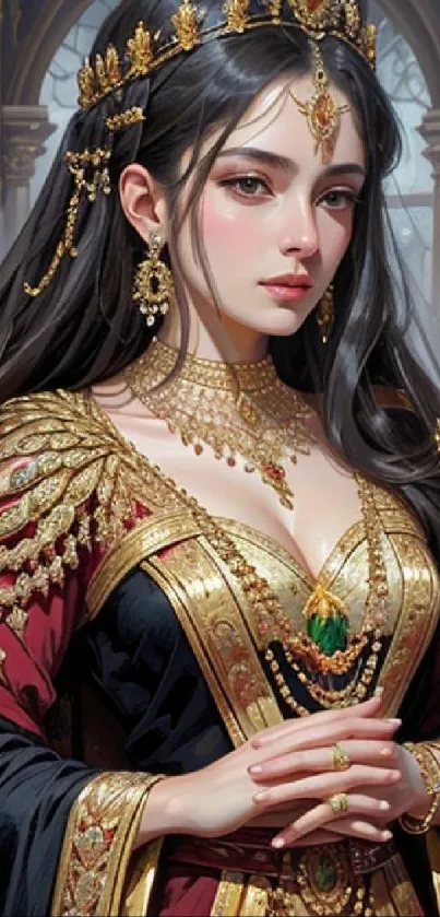 Fantasy princess in regal attire with gold and royal decor.