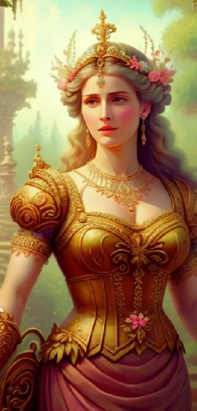 A regal fantasy princess in gold armor stands gracefully in a vibrant garden.