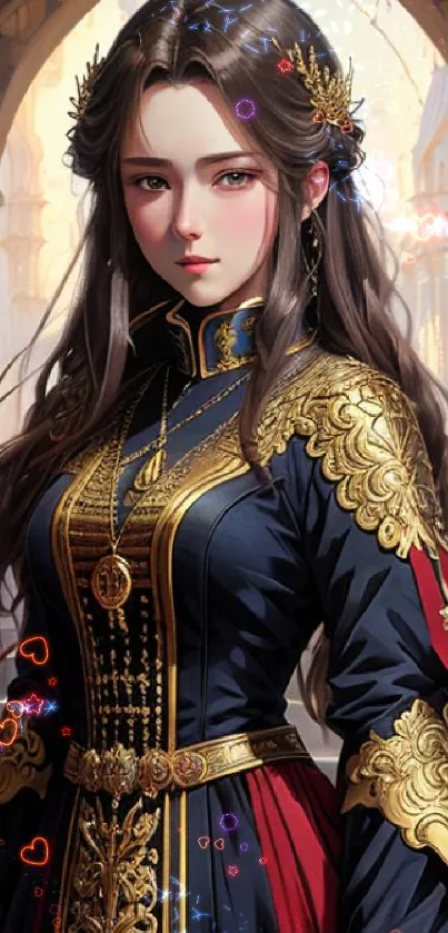 Fantasy princess in ornate gold and crimson attire, elegant medieval backdrop.