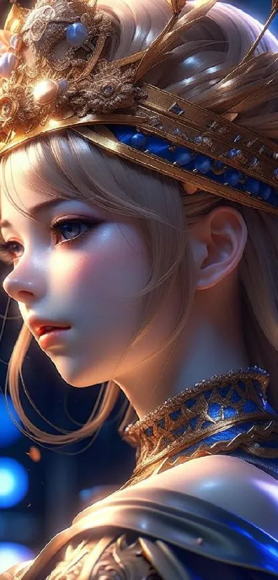 Fantasy princess with golden crown and blue hues.