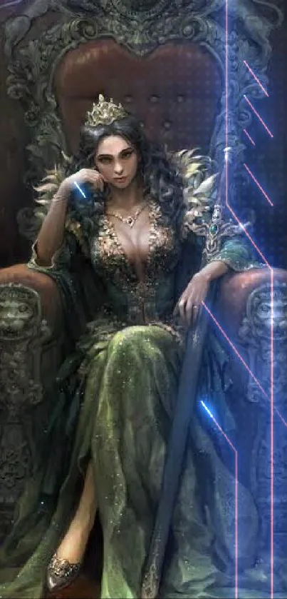 Majestic queen seated on an ornate throne with a mystical and regal ambiance.