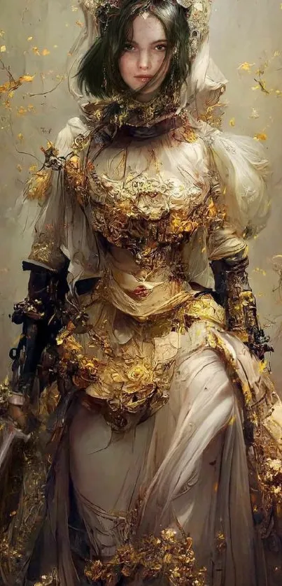 Regal fantasy warrior in gold armor.