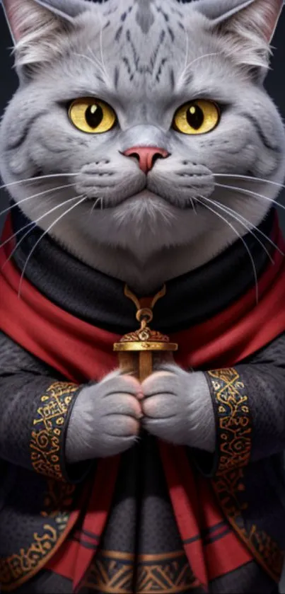 Gray cat in royal attire with red cloak on mobile wallpaper.