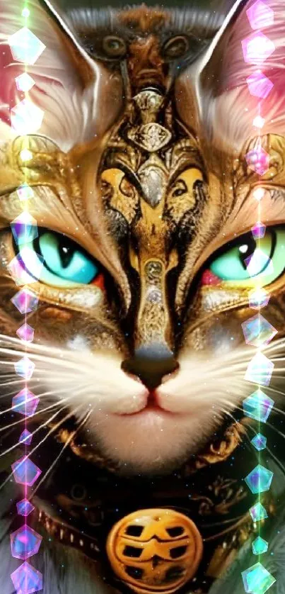 Fantasy cat in ornate armor with turquoise eyes wallpaper.