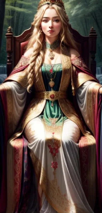 A regal princess sits in a forest throne, wearing a golden and green flowing gown.