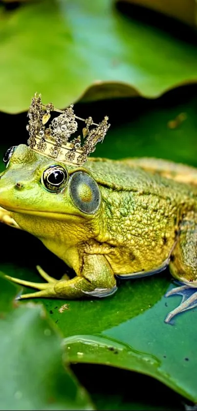 Frog with crown on a green lily pad.