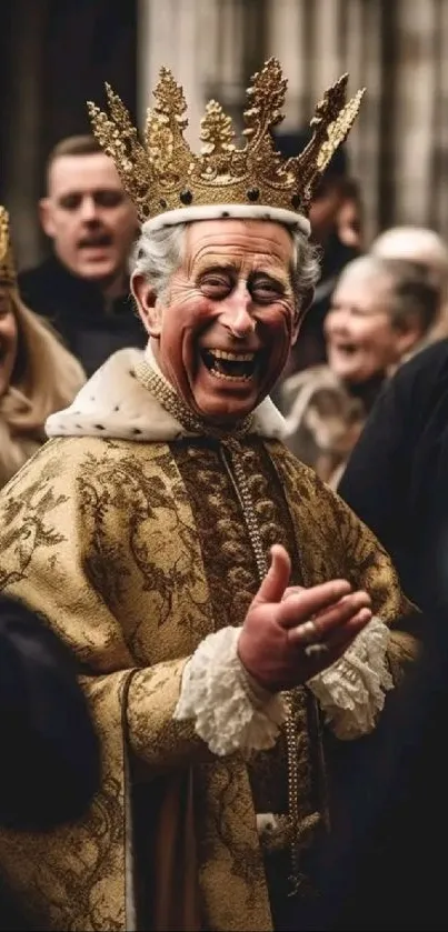 Joyful king in golden attire with crown amidst crowd.