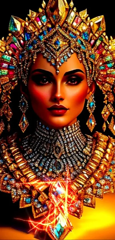 Elegant figure with intricate gemstone jewelry on gold background.