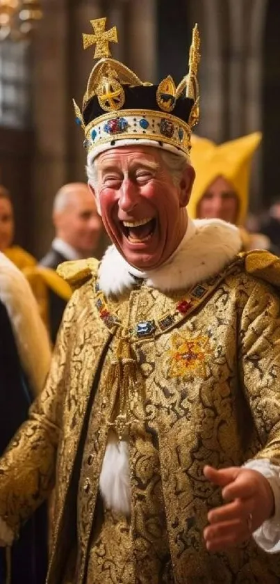 A regal figure in gold attire with an intricate crown, radiating elegance.