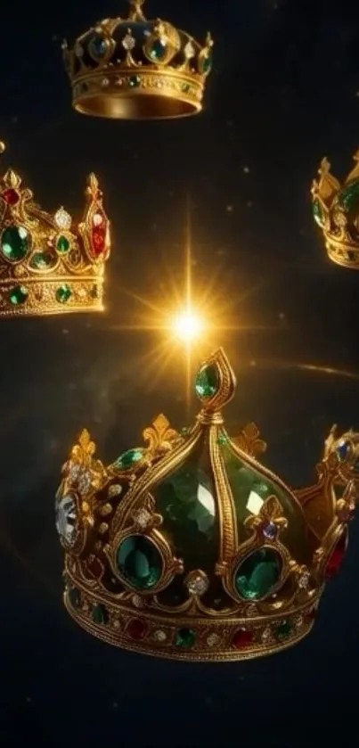 A collection of golden crowns with colorful gemstones in a regal display.