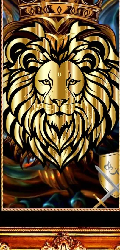 Gold lion with ornate frame and shield in regal mobile wallpaper.