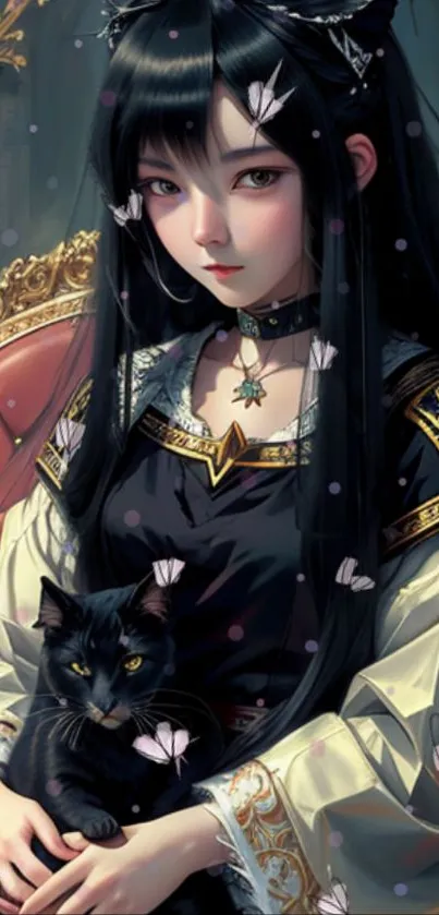 Gothic anime girl with black cat and butterflies on a regal chair.