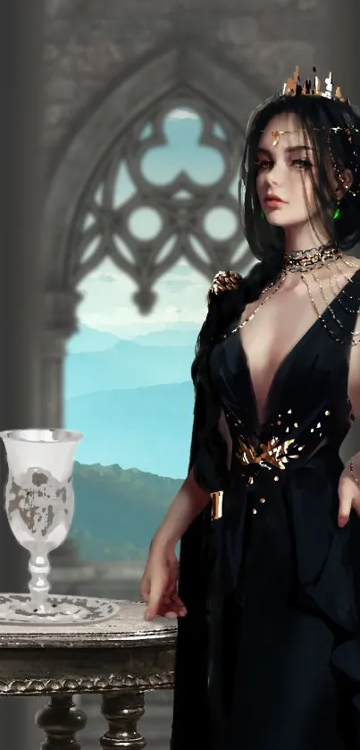 Stylish gothic figure in dark gown against a fantasy backdrop.