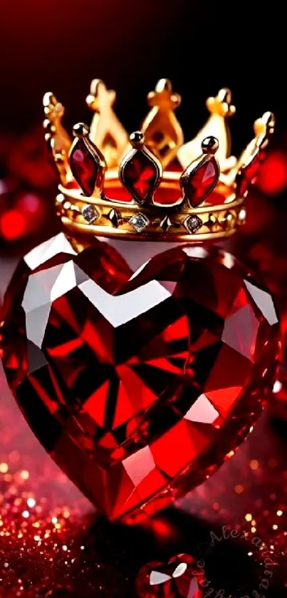 Heart-shaped red gem with gold crown on dark background.