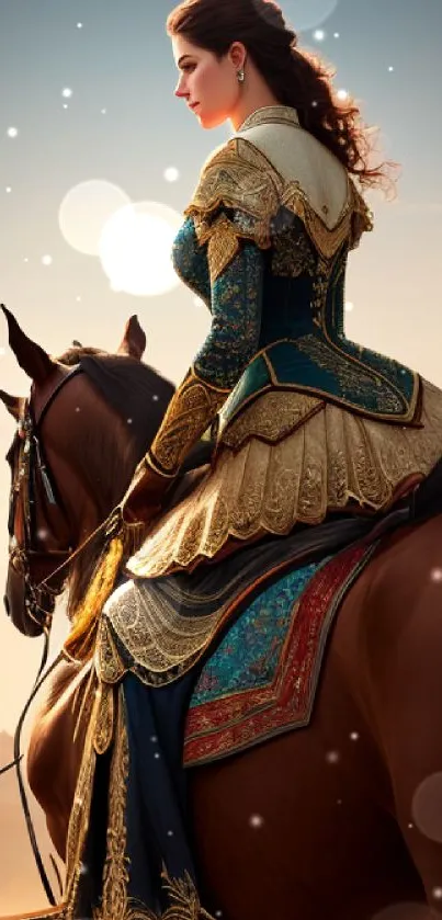 Regal woman on horseback in artistic, fantasy-themed mobile wallpaper.