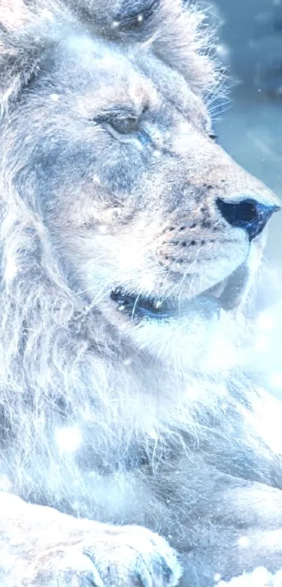 Majestic lion in frosty blue and white scenery.