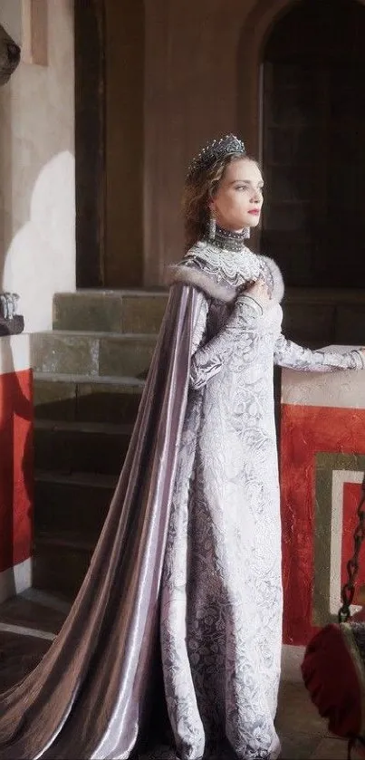 A regal lady in an elegant gown with a majestic setting.