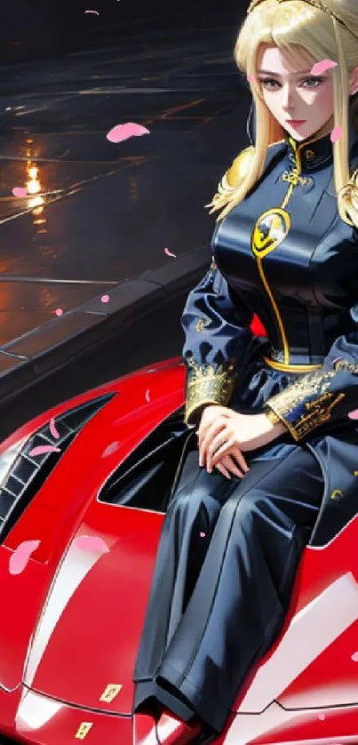 Elegant lady sitting on a sleek red car, showcasing luxury and style.