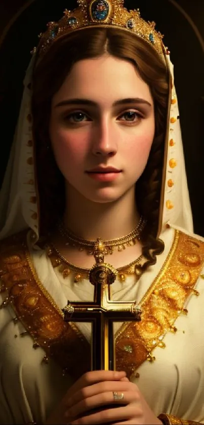 Portrait of a regal lady holding a cross with golden accents and candles.