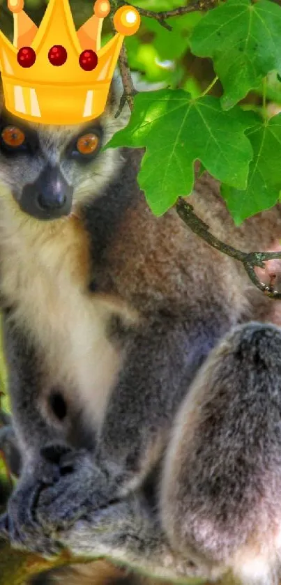 Crowned lemur sitting on tree branch with green leaves.