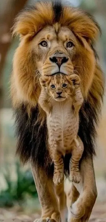 Majestic lion carrying its cub in the forest.