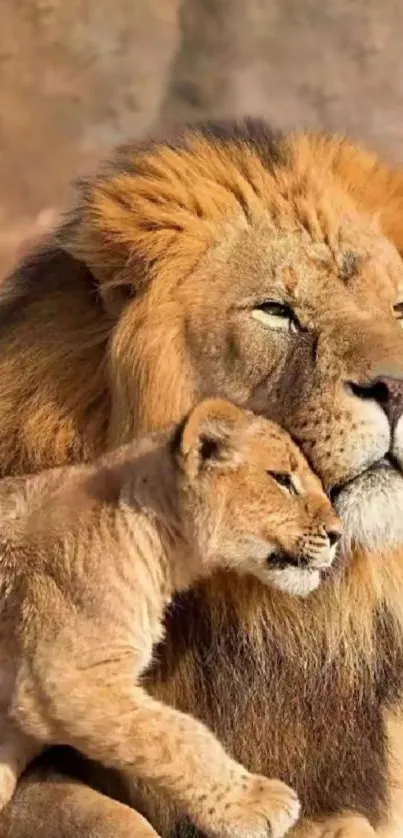 Majestic lion and cub resting on rocks.