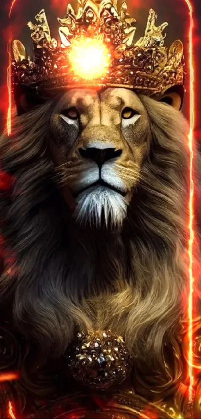 Majestic lion with ornate golden crown artwork wallpaper.