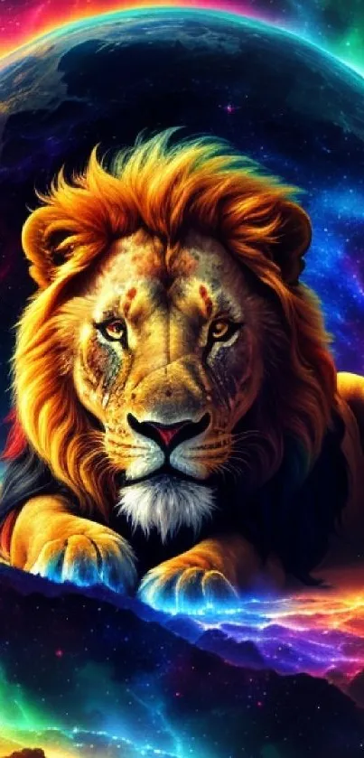 Majestic lion in vibrant cosmic scenery on a mobile wallpaper.