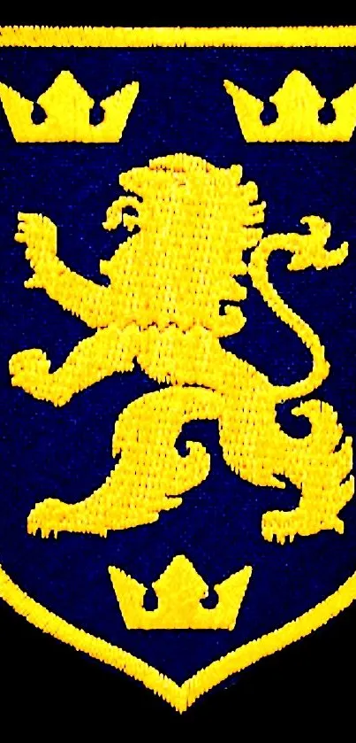 Regal lion crest with gold and blue heraldic design on a phone wallpaper.