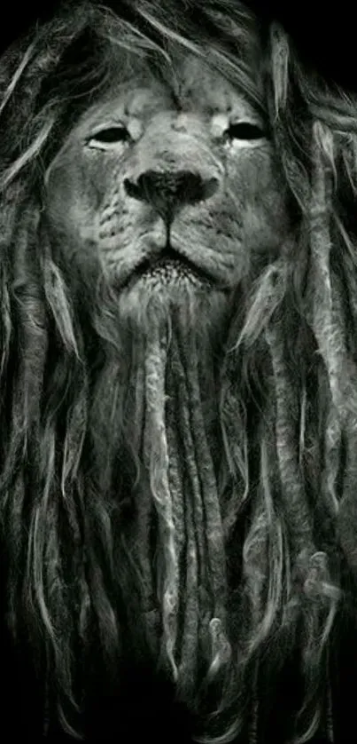 Lion with dreadlocks in grayscale art style for mobile wallpaper.